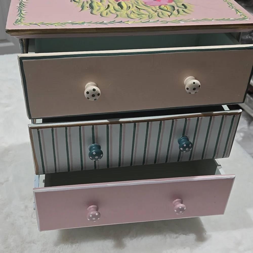 Hand painted jewelry chest blue, pink, yea, gold, peach